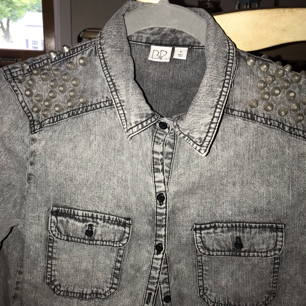 Studded grey acid washed button up shirt